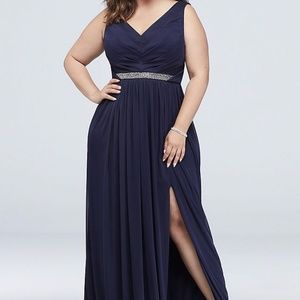 David's Bridal Long Mesh Beaded Waist Bridesmaid Dress - Size 18, Marine